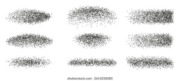 Stipple sand texture brushes set. Abstract halftone dotted circles effect, grainy gradient. Black paint powder hand drawn vector texture.