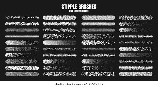 Stipple scatter brush, ink drawing and texturing. Fading gradient. Stippling, dotwork drawing, shading using dots. Halftone disintegration effect. White noise grainy texture. Vector illustration