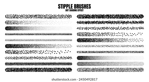 Stipple scatter brush, ink drawing and texturing. Fading gradient. Stippling, dotwork drawing, shading using dots. Halftone disintegration effect. White noise grainy texture. Vector illustration