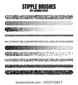 Stipple scatter brush, ink drawing and texturing. Fading gradient. Stippling, dotwork drawing, shading using dots. Halftone disintegration effect. White noise grainy texture. Vector illustration