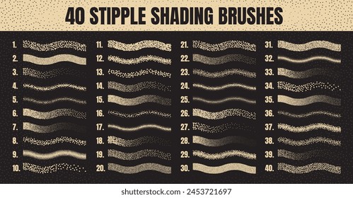 Pincel de dispersión de punteado, dibujo de tinta y texturizado. Degradado de desvanecimiento. Punteado, dibujo de puntos, sombreado con puntos. Efecto de desintegración de semitonos. Ruido blanco textura granulada. Ilustración vectorial