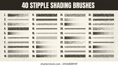 Stipple scatter brush, ink drawing and texturing. Fading gradient. Stippling, dotwork drawing, shading using dots. Halftone disintegration effect. White noise grainy texture. Vector illustration