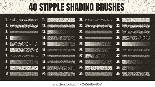Stipple scatter brush, ink drawing and texturing. Fading gradient. Stippling, dotwork drawing, shading using dots. Halftone disintegration effect. White noise grainy texture. Vector illustration