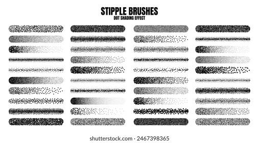 Stipple scatter brush, ink drawing and texturing. Fading gradient. Stippling, dotwork drawing, shading using dots. Halftone disintegration effect. White noise grainy texture. Vector illustration