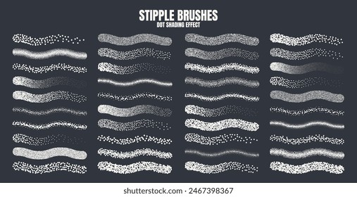 Stipple scatter brush, ink drawing and texturing. Fading gradient. Stippling, dotwork drawing, shading using dots. Halftone disintegration effect. White noise grainy texture. Vector illustration