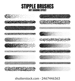 Stipple scatter brush, ink drawing and texturing. Fading gradient. Stippling, dotwork drawing, shading using dots. Halftone disintegration effect. White noise grainy texture. Vector illustration