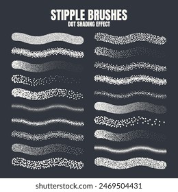 Stipple scatter brush, ink drawing and texturing. Fading gradient. Stippling, dotwork drawing, shading using dots. Halftone disintegration effect. White noise grainy texture. Vector illustration