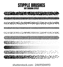 Stipple scatter brush, ink drawing and texturing. Fading gradient. Stippling, dotwork drawing, shading using dots. Halftone disintegration effect. White noise grainy texture. Vector illustration
