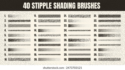 Stipple scatter brush, ink drawing and texturing. Fading gradient. Stippling, dotwork drawing, shading using dots. Halftone disintegration effect. White noise grainy texture. Vector illustration