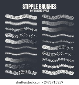 Stipple scatter brush, ink drawing and texturing. Fading gradient. Stippling, dotwork drawing, shading using dots. Halftone disintegration effect. White noise grainy texture. Vector illustration