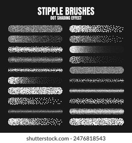 Stipple scatter brush, ink drawing and texturing. Fading gradient. Stippling, dotwork drawing, shading using dots. Halftone disintegration effect. White noise grainy texture. Vector illustration