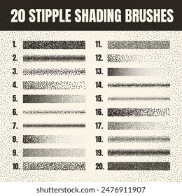 Stipple scatter brush, ink drawing and texturing. Fading gradient. Stippling, dotwork drawing, shading using dots. Halftone disintegration effect. White noise grainy texture. Vector illustration