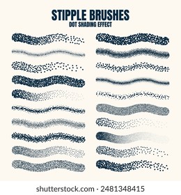Stipple scatter brush, ink drawing and texturing. Fading gradient. Stippling, dotwork drawing, shading using dots. Halftone disintegration effect. White noise grainy texture. Vector illustration