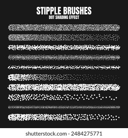 Stipple scatter brush, ink drawing and texturing. Fading gradient. Stippling, dotwork drawing, shading using dots. Halftone disintegration effect. White noise grainy texture. Vector illustration