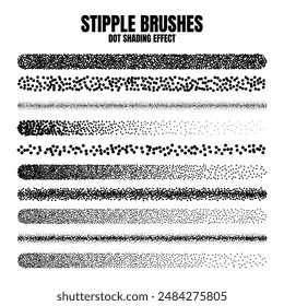 Stipple scatter brush, ink drawing and texturing. Fading gradient. Stippling, dotwork drawing, shading using dots. Halftone disintegration effect. White noise grainy texture. Vector illustration