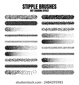Stipple scatter brush, ink drawing and texturing. Fading gradient. Stippling, dotwork drawing, shading using dots. Halftone disintegration effect. White noise grainy texture. Vector illustration
