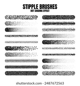 Stipple scatter brush, ink drawing and texturing. Fading gradient. Stippling, dotwork drawing, shading using dots. Halftone disintegration effect. White noise grainy texture. Vector illustration