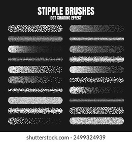 Stipple scatter brush, ink drawing and texturing. Fading gradient. Stippling, dotwork drawing, shading using dots. Halftone disintegration effect. White noise grainy texture. Vector illustration