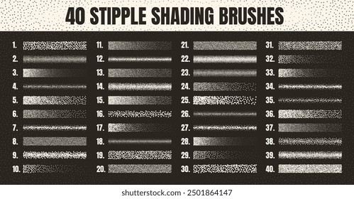 Stipple scatter brush, ink drawing and texturing. Fading gradient. Stippling, dotwork drawing, shading using dots. Halftone disintegration effect. White noise grainy texture. Vector illustration