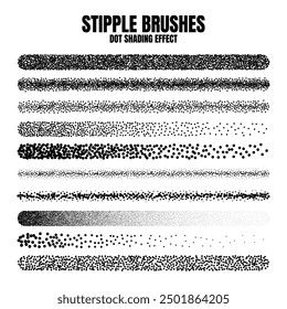 Stipple scatter brush, ink drawing and texturing. Fading gradient. Stippling, dotwork drawing, shading using dots. Halftone disintegration effect. White noise grainy texture. Vector illustration