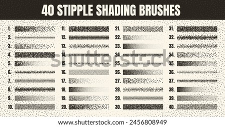 Stipple scatter brush, ink drawing and texturing. Fading gradient. Stippling, dotwork drawing, shading using dots. Halftone disintegration effect. White noise grainy texture. Vector illustration