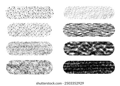 Stipple scatter brush mega set elements in flat graphic design. Bundle objects of artistic ink drawing and shadow texturing effect, monochrome grunge patterns with dots and noise. Vector illustration.