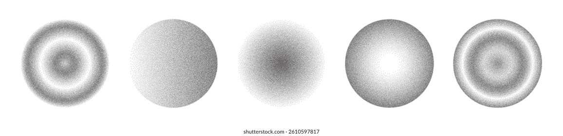Stipple shading sphere - dot work, dense and detailed gradients. Grayscale vector halftone circles and grains forming 3D balls. Pointillism style gradient fill for realistic pencil drawing effect.