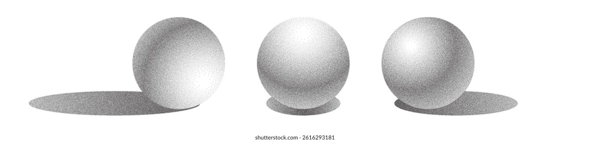 Stipple shading spheres with light direction and shadow. 3D balls drawn with dense dotwork and granular halftone patterns. Pointillism style grayscale gradients and shading for pencil sketch effect.