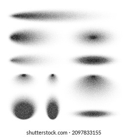 Stipple shadows set, dotted design elements. Fading gradient. Stippling, dotwork drawing, shading using dots. Pixel disintegration, halftone effect. White noise grainy texture. Vector illustration