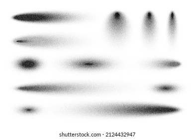 Étouffer l'ensemble d'ombres, éléments de conception pointillés. Dégradé de fondu. Étouffement, dessin en pointillés, ombrage à l'aide de points. Désintégration du pixel, effet de demi-ton. Texture grise du bruit blanc. Illustration vectorielle