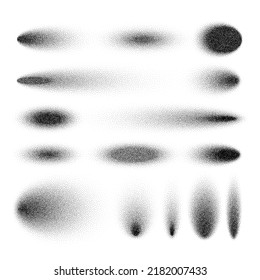 Stipple shadows set, dotted design elements. Fading gradient. Stippling, dotwork drawing, shading using dots. Pixel disintegration, halftone effect. White noise grainy texture. Vector illustration