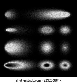 Stipple shadows set, dotted design elements. Fading gradient. Stippling, dotwork drawing, shading using dots. Pixel disintegration, halftone effect. White noise grainy texture. Vector illustration