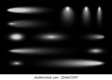 Stipple shadows set, dotted design elements. Fading gradient. Stippling, dotwork drawing, shading using dots. Pixel disintegration, halftone effect. White noise grainy texture. Vector illustration