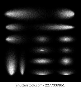Stipple shadows set, dotted design elements. Fading gradient. Stippling, dotwork drawing, shading using dots. Pixel disintegration, halftone effect. White noise grainy texture. Vector illustration