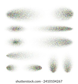 Stipple shadows set, dotted design elements. Fading gradient. Stippling, dotwork drawing, shading using dots. Pixel disintegration, halftone effect. Colored noise grainy texture. Vector illustration