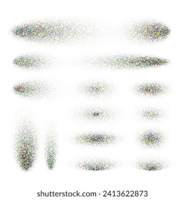 Stipple shadows set, dotted design elements. Fading gradient. Stippling, dotwork drawing, shading using dots. Pixel disintegration, halftone effect. Colored noise grainy texture. Vector illustration