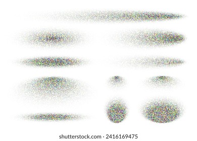 Stipple shadows set, dotted design elements. Fading gradient. Stippling, dotwork drawing, shading using dots. Pixel disintegration, halftone effect. Colored noise grainy texture. Vector illustration