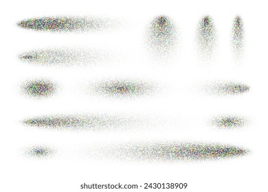 Stipple shadows set, dotted design elements. Fading gradient. Stippling, dotwork drawing, shading using dots. Pixel disintegration, halftone effect. Colored noise grainy texture. Vector illustration