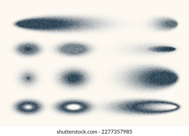 Stipple shadows set, vintage dotted design elements. Fading gradient. Stippling, dotwork drawing, shading using dots. Halftone disintegration effect. White noise grainy texture. Vector illustration