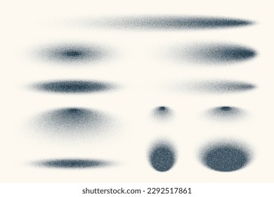 Stipple shadows set, vintage dotted design elements. Fading gradient. Stippling, dotwork drawing, shading using dots. Halftone disintegration effect. White noise grainy texture. Vector illustration
