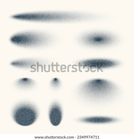 Stipple shadows set, vintage dotted design elements. Fading gradient. Stippling, dotwork drawing, shading using dots. Halftone disintegration effect. White noise grainy texture. Vector illustration