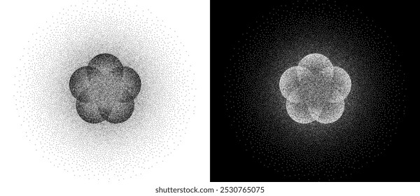 Stipple shape as icon or background. Abstract floral vector with dots as logo or emblem. Black shape on a white background and the same white shape on the black side.