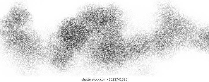 Stipple smoke cloud gradient texture. Grunge fluid sand grain background. Gritty noise wavy fog dot work wallpaper. Black and white dots, speckles, particles or granules backdrop overlay. Vector