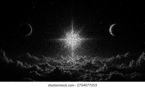 Stipple space background with bright central star and crescent moon. Cosmic art illustration with dots pattern. Universe galaxy backdrop for abstract design and dark astronomy concept.