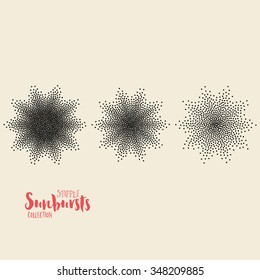 Stipple Sunburst Collection - Set of Three Sunburst Effects Made from Little Dots - Halftone Vector Illustration