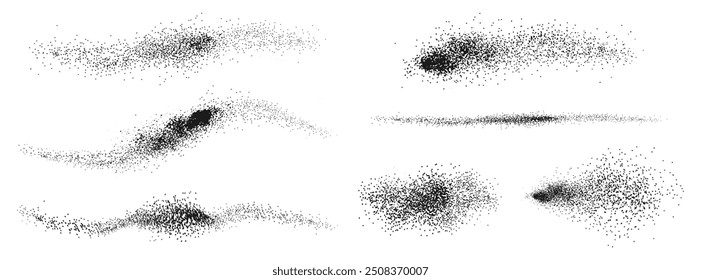 Stippled brush strokes, grainy dotted brush paint. Vector isolated set of simple lines with noise or distortion effect. Splattered dotted overlay, grunge and retro styles, sprinkle spray texture