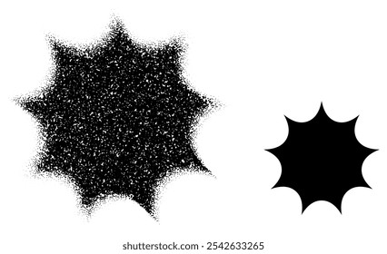 A stippled burst effect paired with a bold solid black spiked shape, perfect for abstract design and graphic art projects.