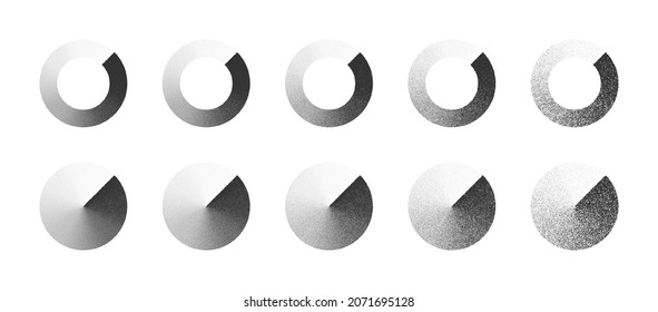 Stippled Circle Clockwise Gradient Hand Drawn Dotwork Vector Abstract Shapes Set In Different Variations Isolated On White Background. Various Degree Black Noise Dotted Radial Elements Collection