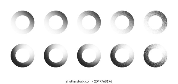 Stippled Circles Hand Drawn Dotwork Vector Abstract Shapes Set In Different Variations Isolated On White Background. Various Degree Black Noise Dotted Round Design Elements Collection