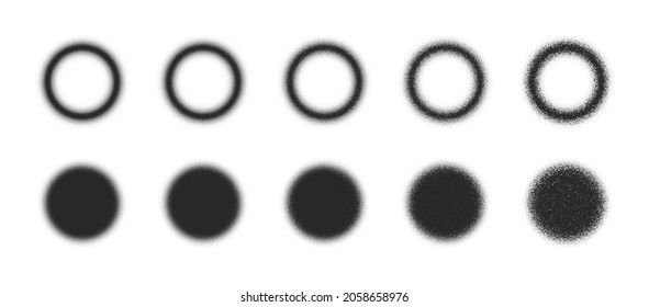 Stippled Circles Hand Drawn Dotwork Vector Blur Abstract Shapes Set In Different Variations Isolated On White Background. Various Degree Black Blur Texture Dotted Round Design Elements Collection